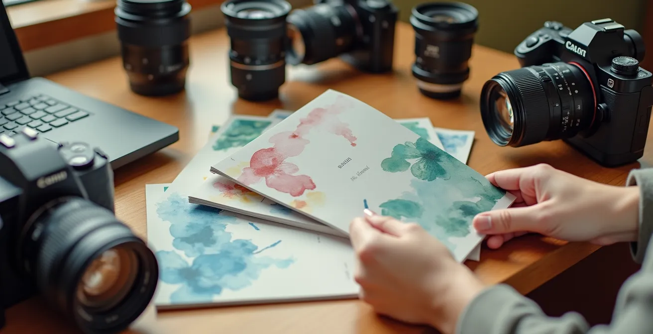 Une personne consultant des brochures de formation avec différents appareils photo et objectifs disposés sur une table moderne