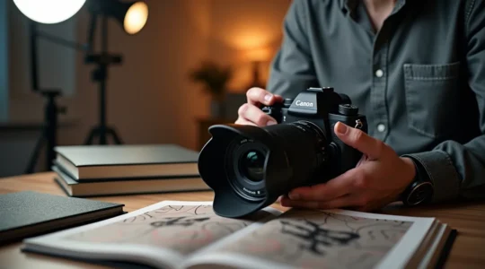 Un photographe ajustant son appareil photo avec des livres de formation et du matériel professionnel dans un environnement moderne