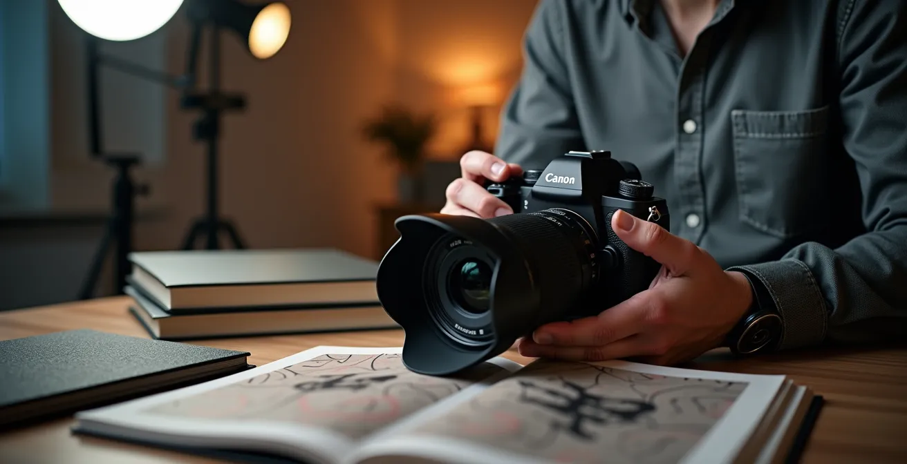 Un photographe ajustant son appareil photo avec des livres de formation et du matériel professionnel dans un environnement moderne