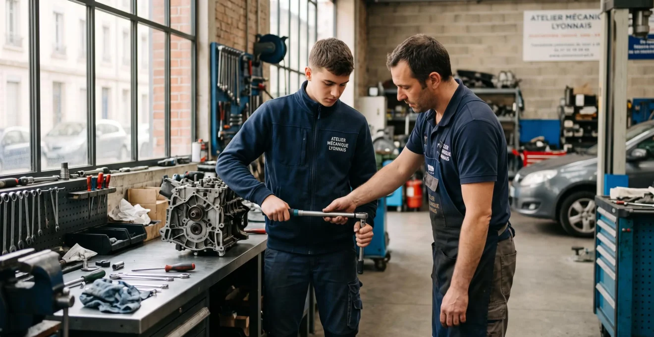 Jeune alternant en tenue professionnelle apprenant un geste technique auprès de son maître d'apprentissage dans un environnement de travail réel en France, lumière naturelle, interaction pédagogique concentrée