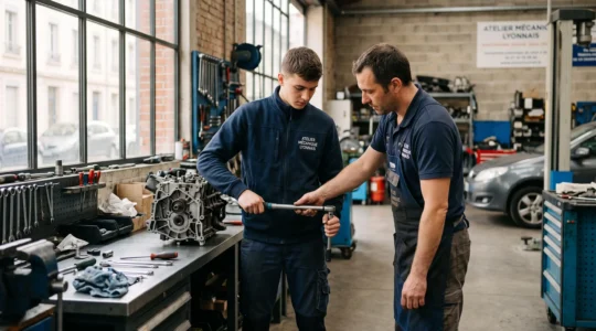 Jeune alternant en tenue professionnelle apprenant un geste technique auprès de son maître d'apprentissage dans un environnement de travail réel en France, lumière naturelle, interaction pédagogique concentrée