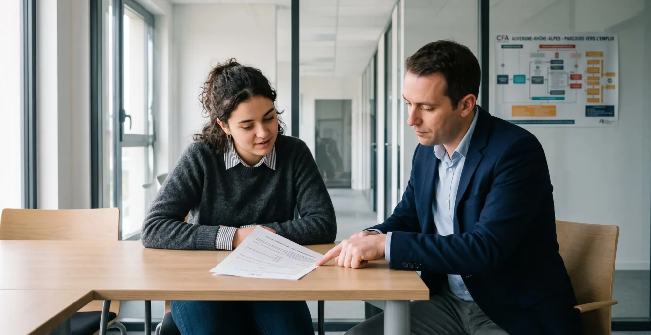 Jeune alternant consultant sa fiche de paie avec un conseiller CFA dans un bureau de formation contemporain en France, document papier visible avec texte en français, interaction pédagogique rassurante