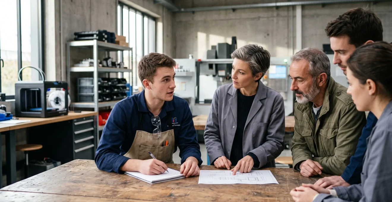 Jeune alternant intégré dans une réunion d'équipe professionnelle en France, assis parmi ses collègues dans un environnement de travail moderne, participation active et statut égalitaire visible