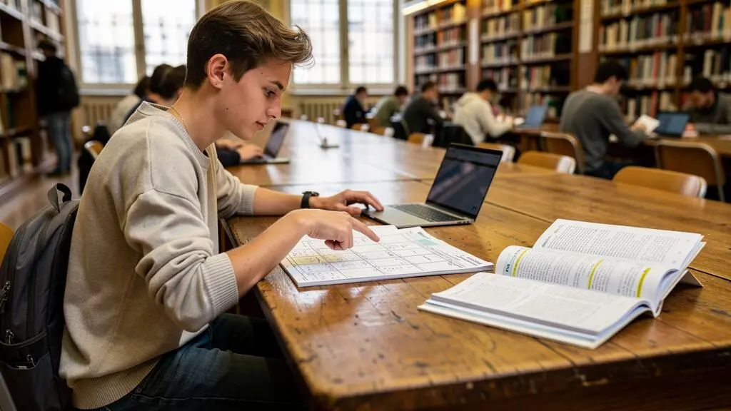 Étudiant comparant des supports d'apprentissage structurés et des notes universitaires.