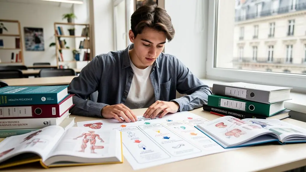 Étudiant concentré sur des notes de comparaison dans un environnement universitaire français.